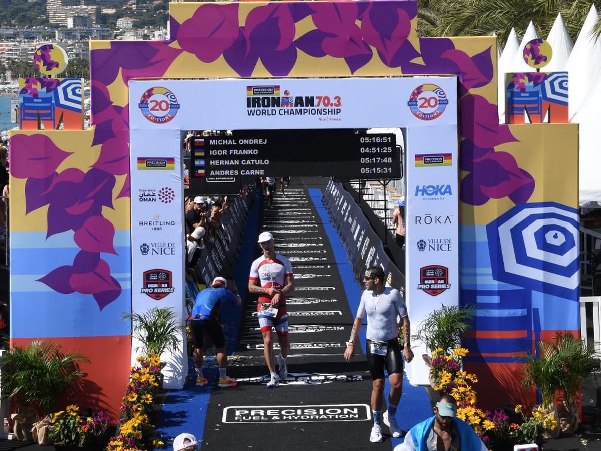 Finish arch of the Ironman 70.3 World Championship in Nice, Michal crossing the line